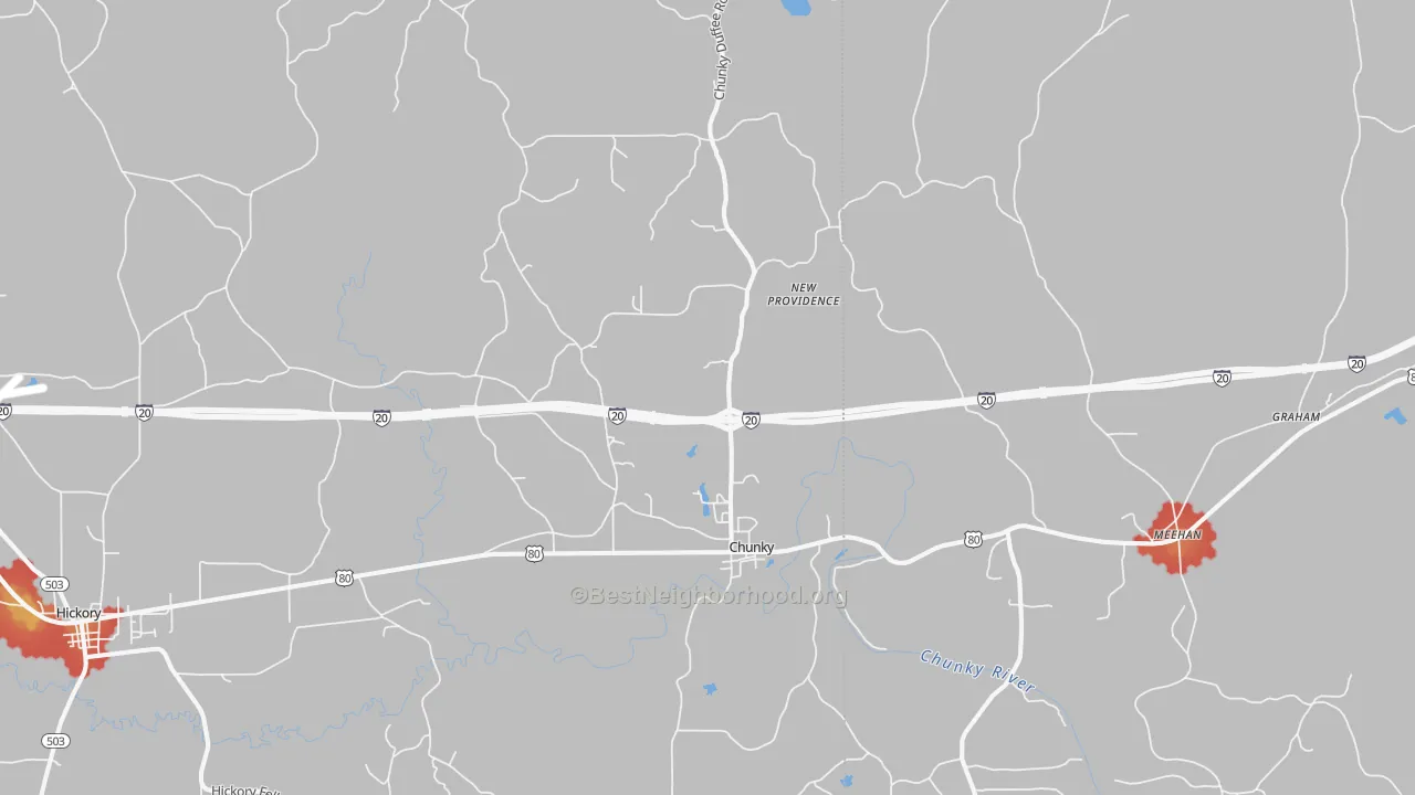 Walk Grade map of Chunky, MS, walkable areas in green and car-dependent areas in red