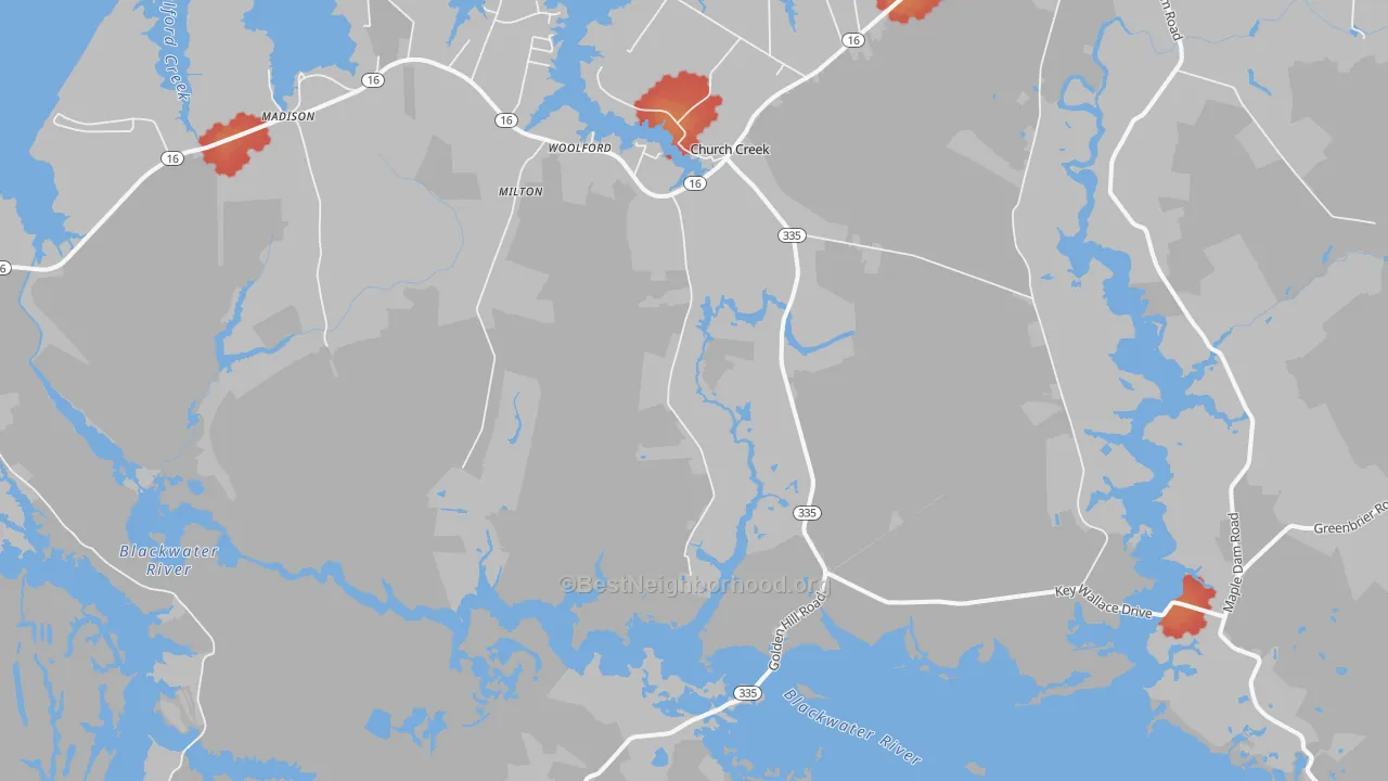 Walk Grade map of Church Creek, MD, walkable areas in green and car-dependent areas in red