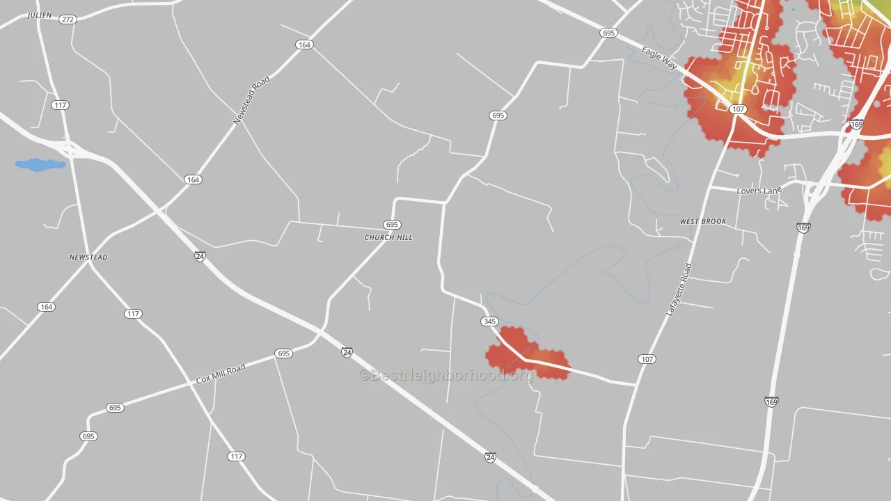 Walk Grade map of Church Hill, KY, walkable areas in green and car-dependent areas in red