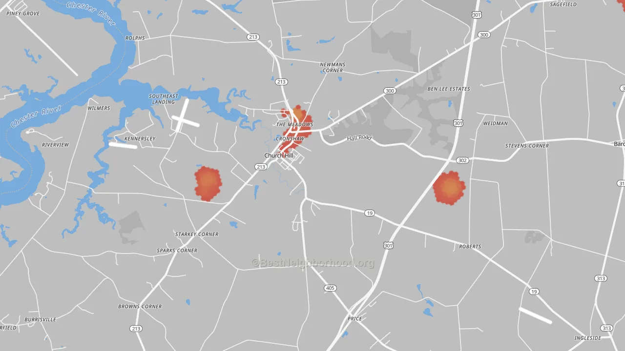 Walk Grade map of Church Hill, MD, walkable areas in green and car-dependent areas in red