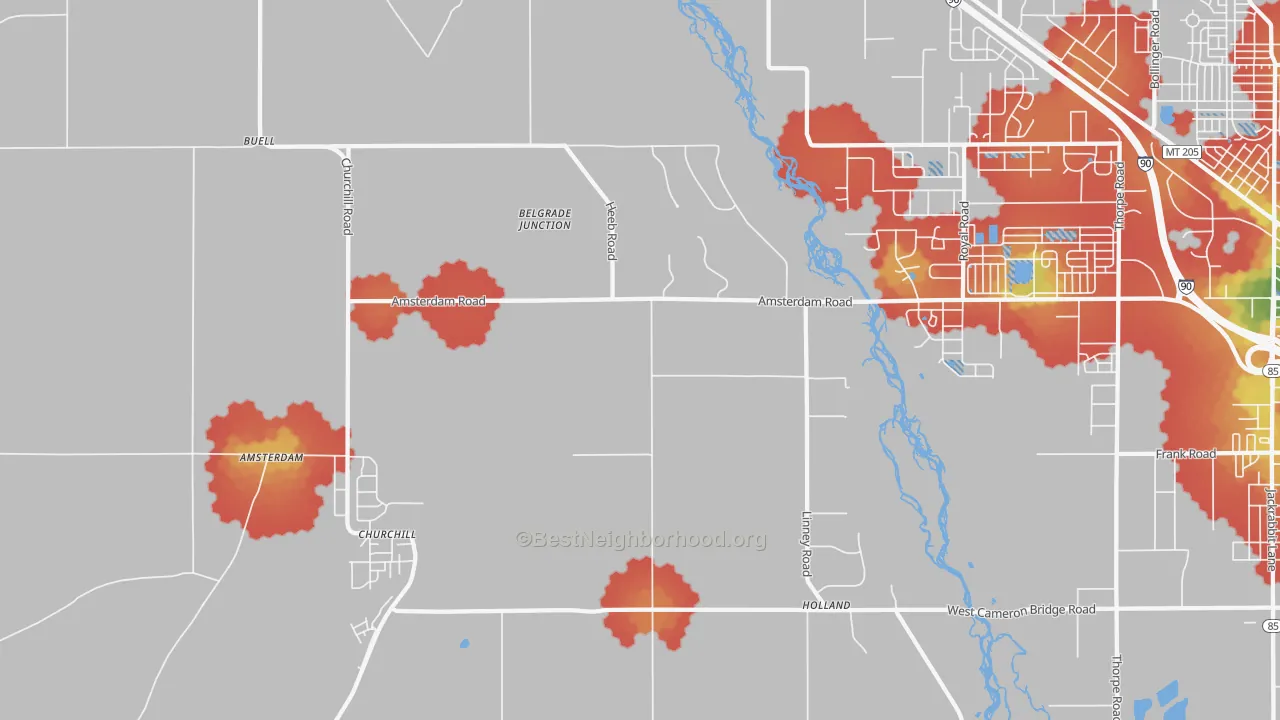 Walk Grade map of Church Hill, MT, walkable areas in green and car-dependent areas in red