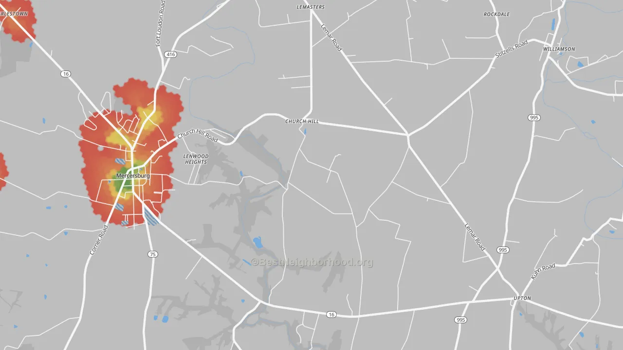 Walk Grade map of Church Hill, PA, walkable areas in green and car-dependent areas in red