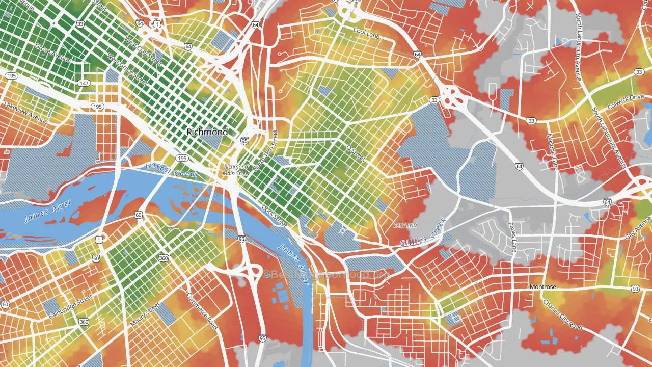 Walk Grade map of Church Hill, Richmond, VA, walkable areas in green and car-dependent areas in red