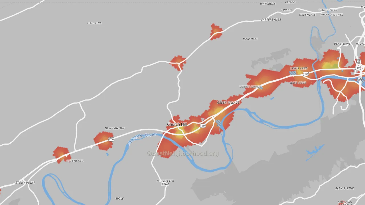Walk Grade map of Church Hill, TN, walkable areas in green and car-dependent areas in red