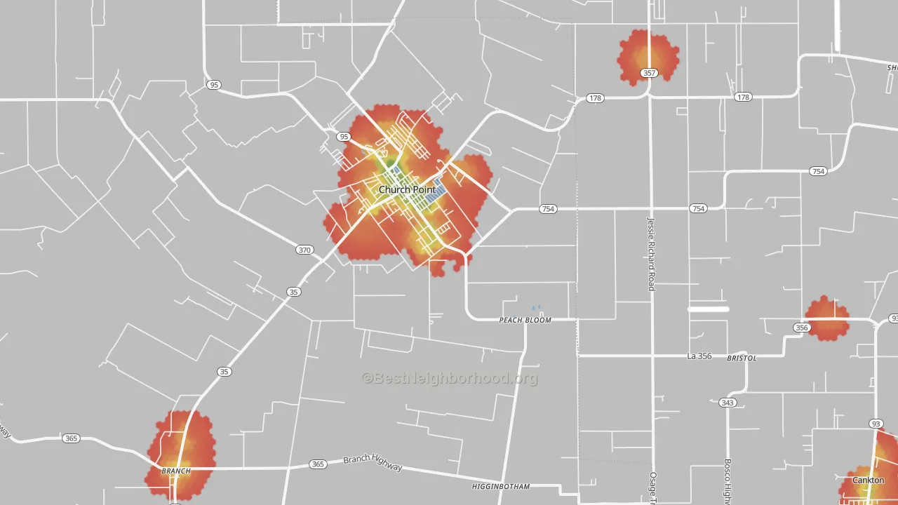 Walk Grade map of Church Point, LA, walkable areas in green and car-dependent areas in red