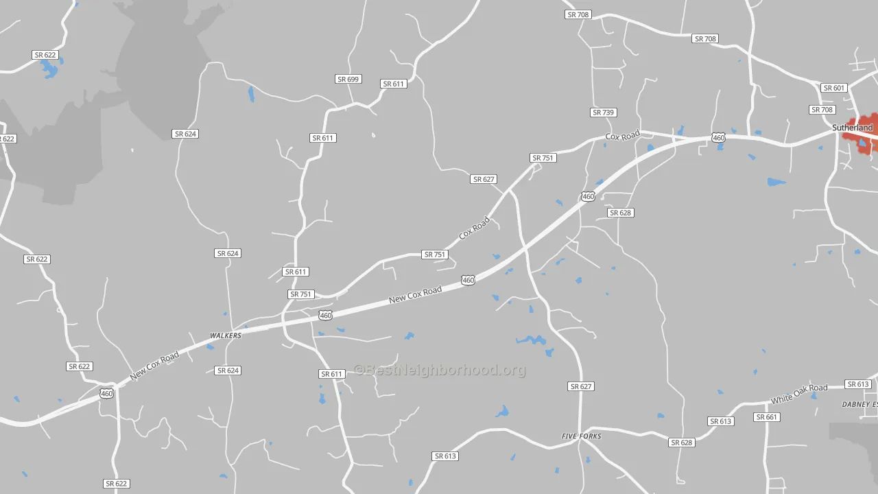 Walk Grade map of Church Road, VA, walkable areas in green and car-dependent areas in red