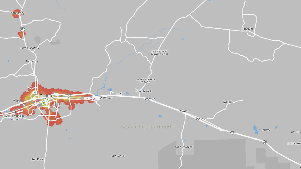 Walk Grade map of Church Rock, NM, walkable areas in green and car-dependent areas in red
