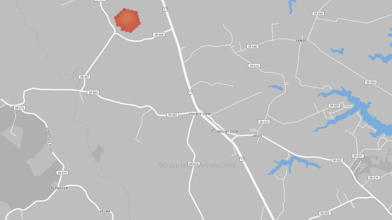 Walk Grade map of Church View, VA, walkable areas in green and car-dependent areas in red