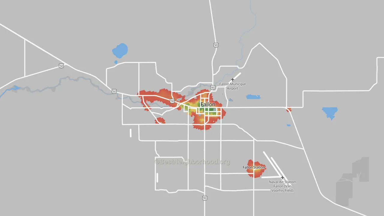 Walk Grade map of Churchill County, NV, walkable areas in green and car-dependent areas in red
