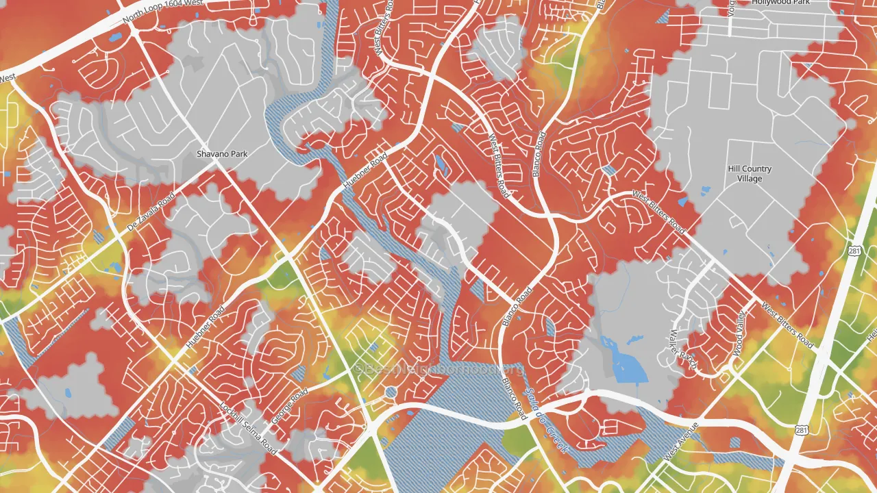 Walk Grade map of Churchill Estates, San Antonio, TX, walkable areas in green and car-dependent areas in red