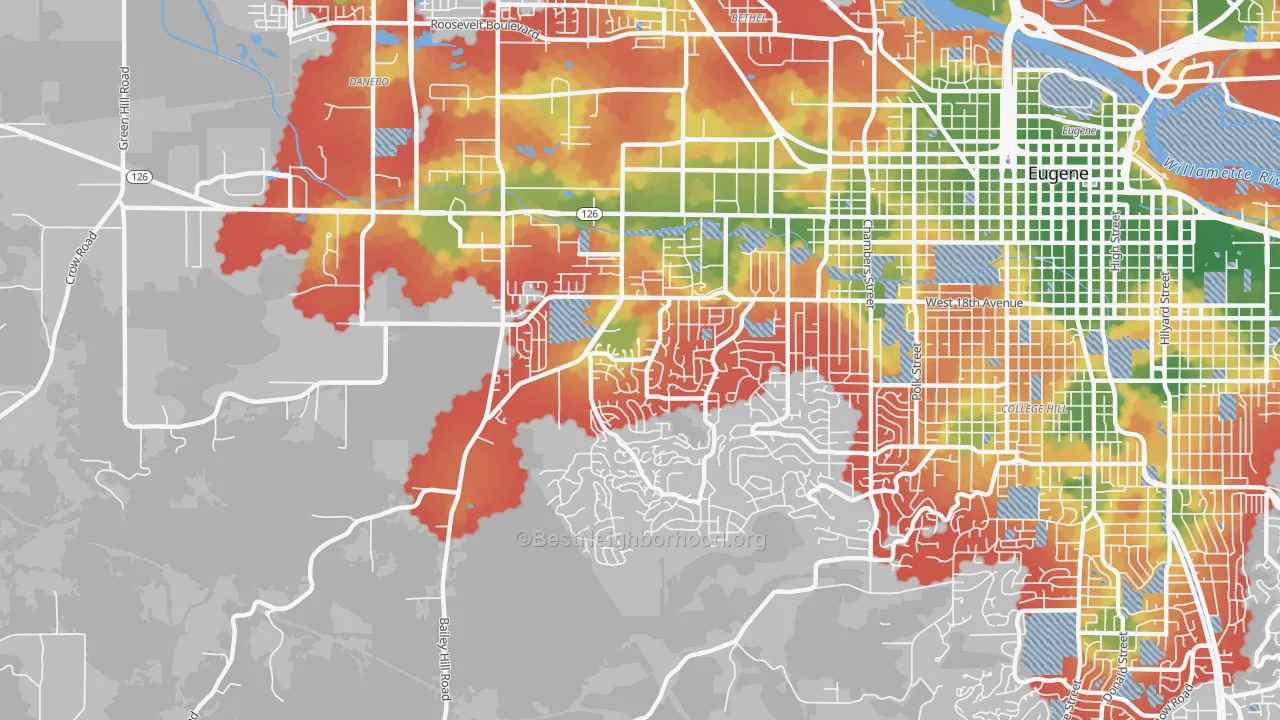 Walk Grade map of Churchill, Eugene, OR, walkable areas in green and car-dependent areas in red