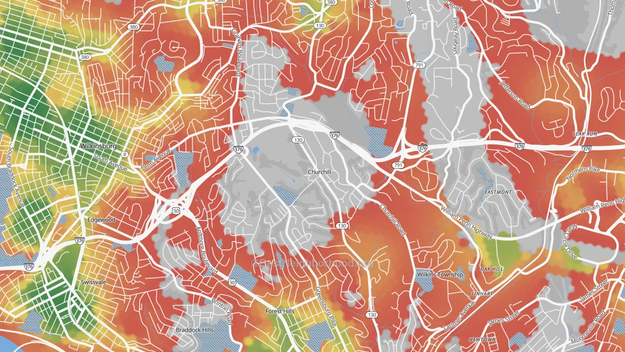 Walk Grade map of Churchill, PA, walkable areas in green and car-dependent areas in red