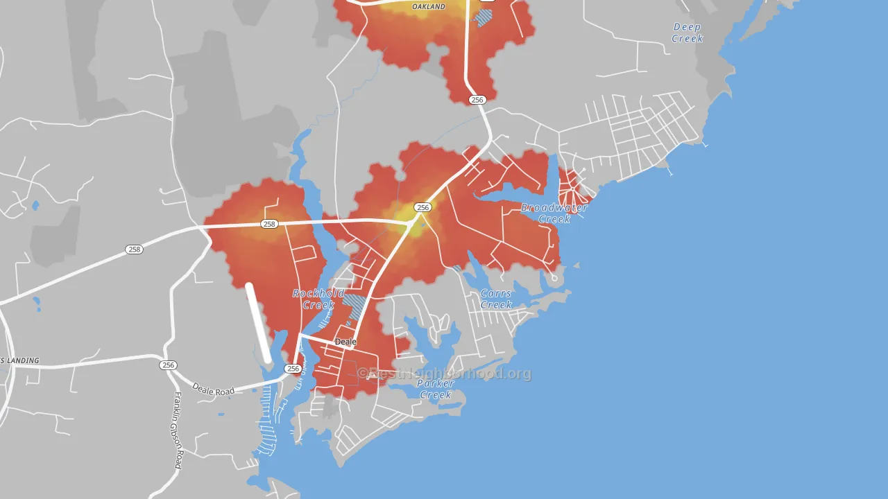 Walk Grade map of Churchton, MD, walkable areas in green and car-dependent areas in red