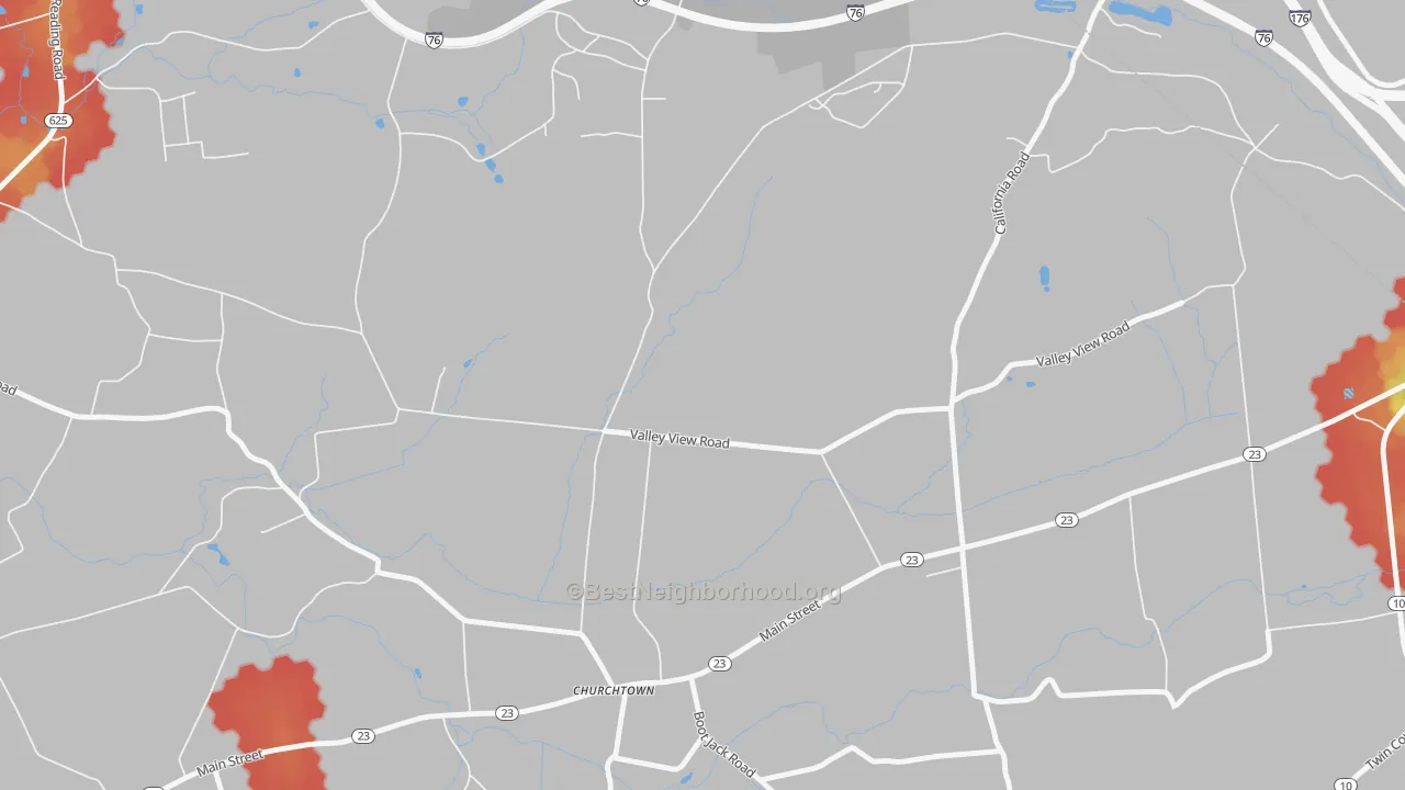 Walk Grade map of Churchtown, PA, walkable areas in green and car-dependent areas in red