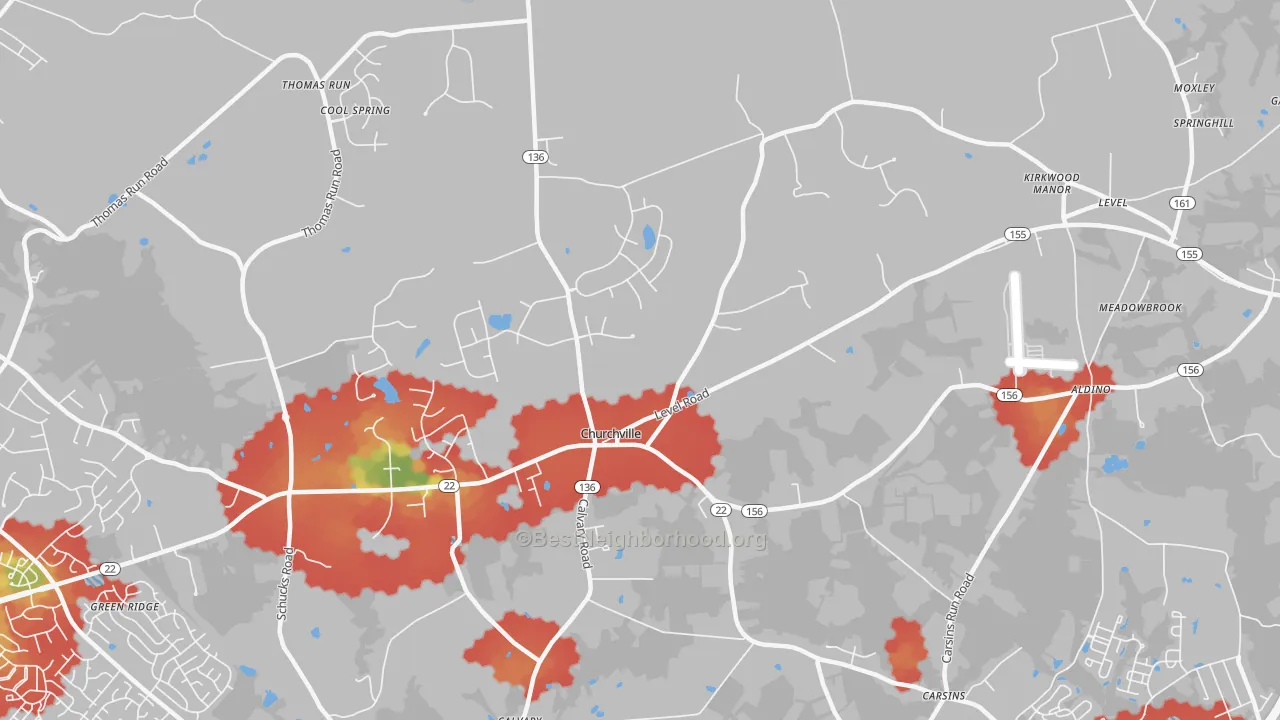 Walk Grade map of Churchville, MD, walkable areas in green and car-dependent areas in red