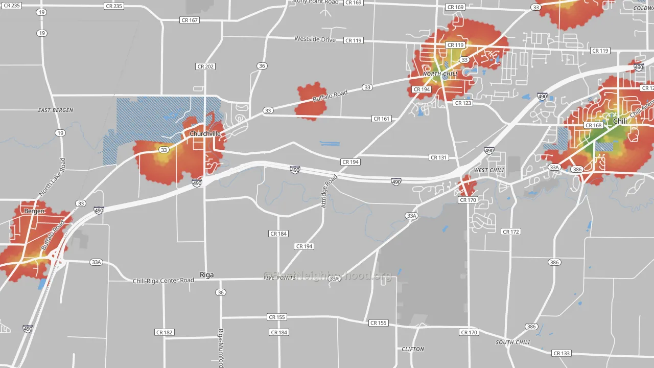 Walk Grade map of Churchville, NY, walkable areas in green and car-dependent areas in red