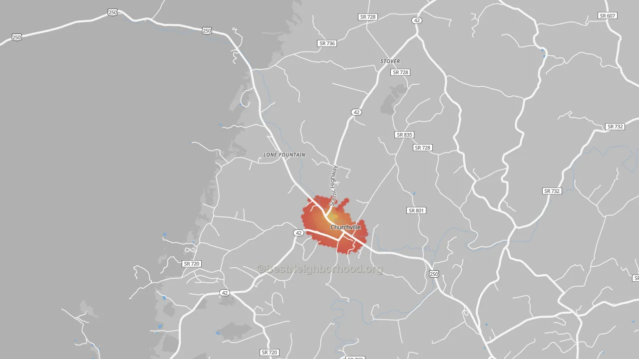 Walk Grade map of Churchville, VA, walkable areas in green and car-dependent areas in red