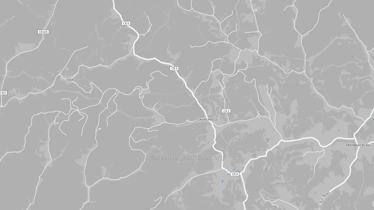 Walk Grade map of Churchville, WV, walkable areas in green and car-dependent areas in red