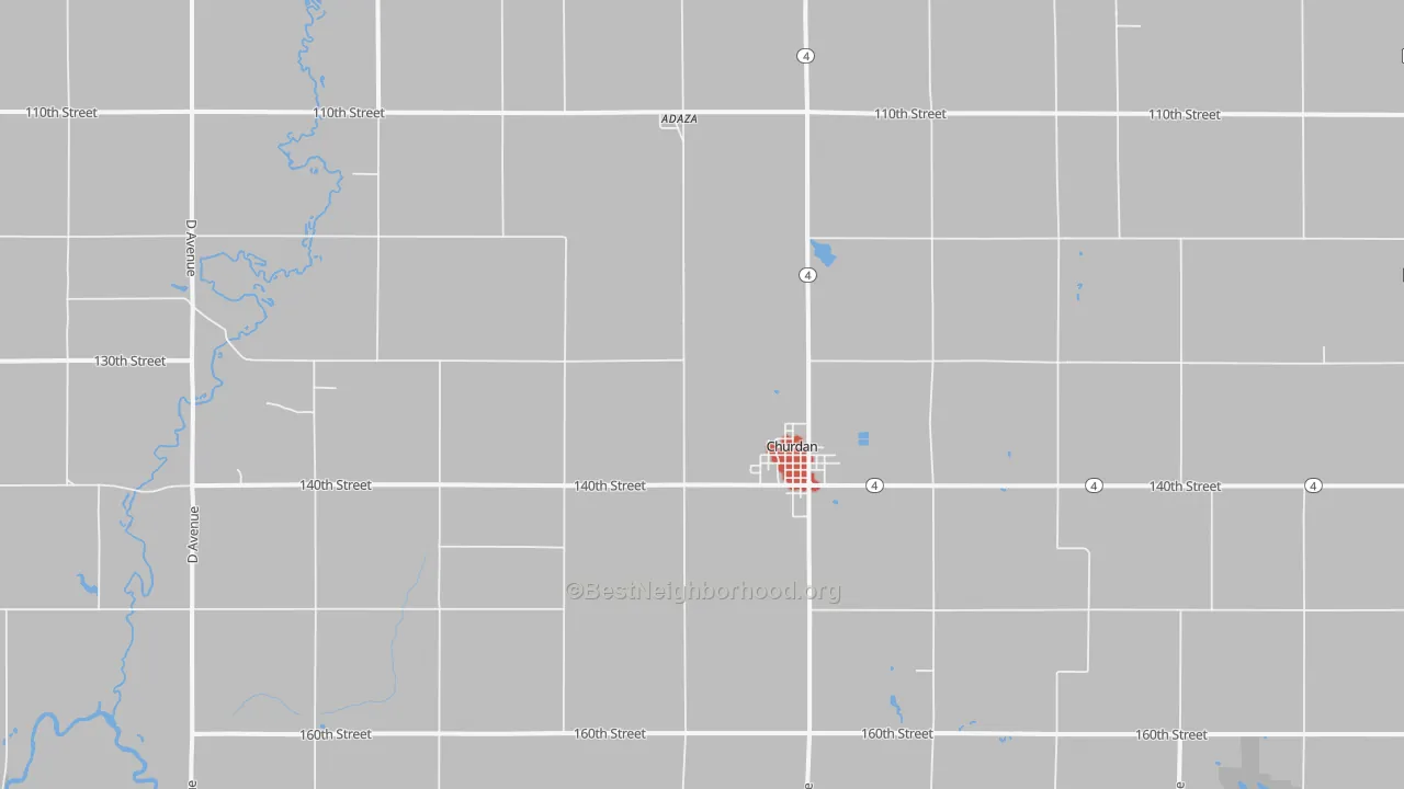 Walk Grade map of Churdan, IA, walkable areas in green and car-dependent areas in red