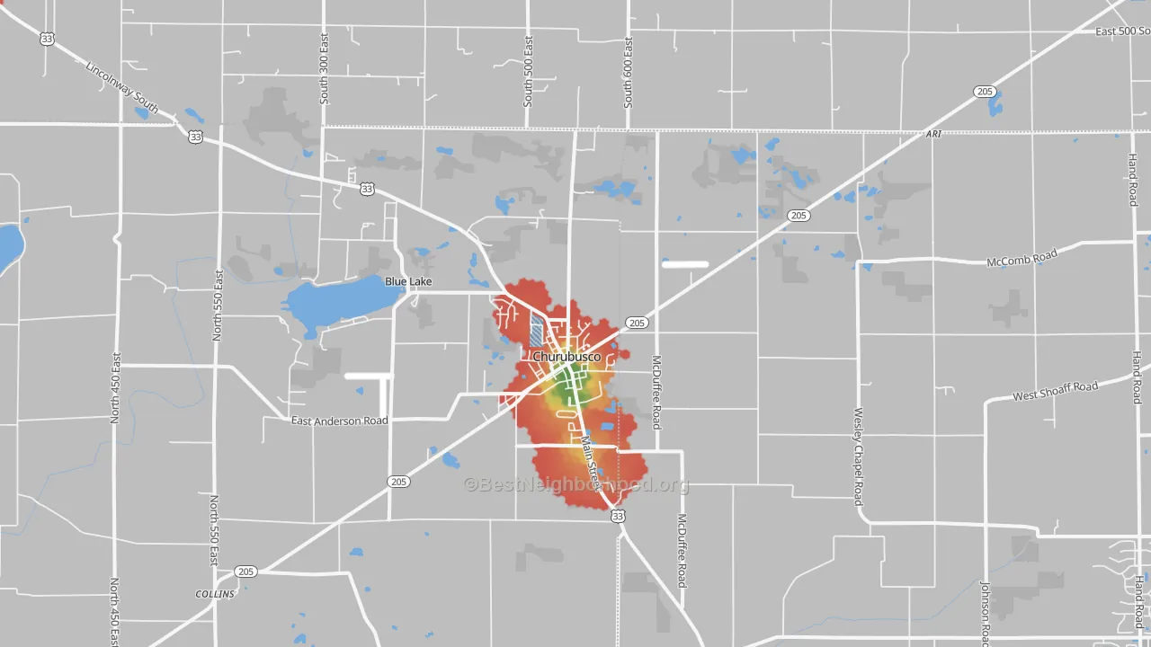 Walk Grade map of Churubusco, IN, walkable areas in green and car-dependent areas in red