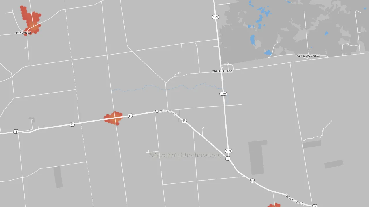 Walk Grade map of Churubusco, NY, walkable areas in green and car-dependent areas in red