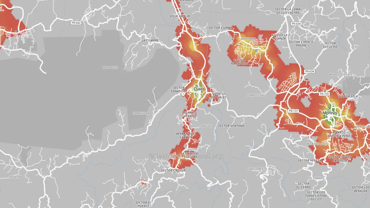 Walk Grade map of Ciales, PR, walkable areas in green and car-dependent areas in red