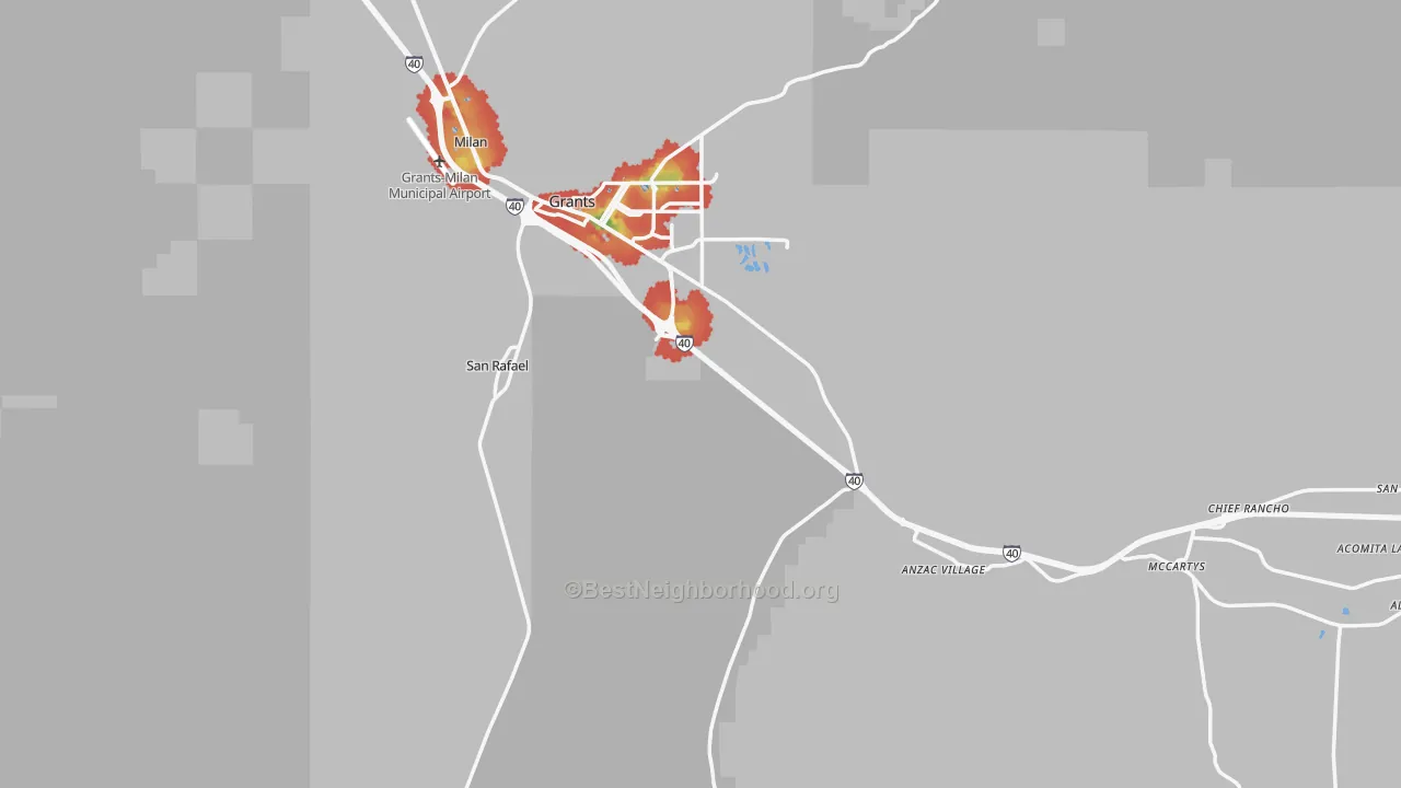 Walk Grade map of Cibola County, NM, walkable areas in green and car-dependent areas in red