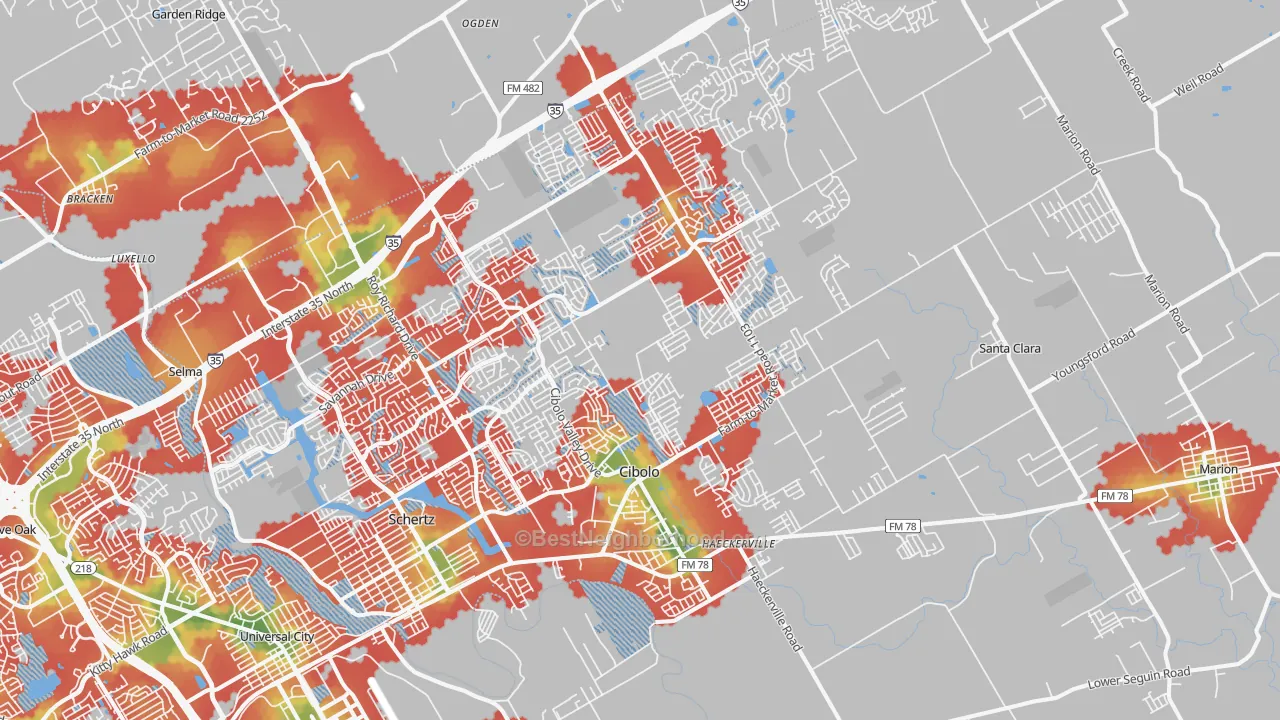 Walk Grade map of Cibolo, TX, walkable areas in green and car-dependent areas in red