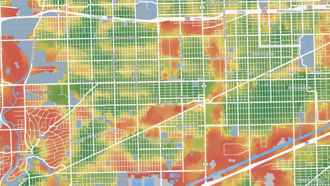 Walk Grade map of Cicero, IL, walkable areas in green and car-dependent areas in red