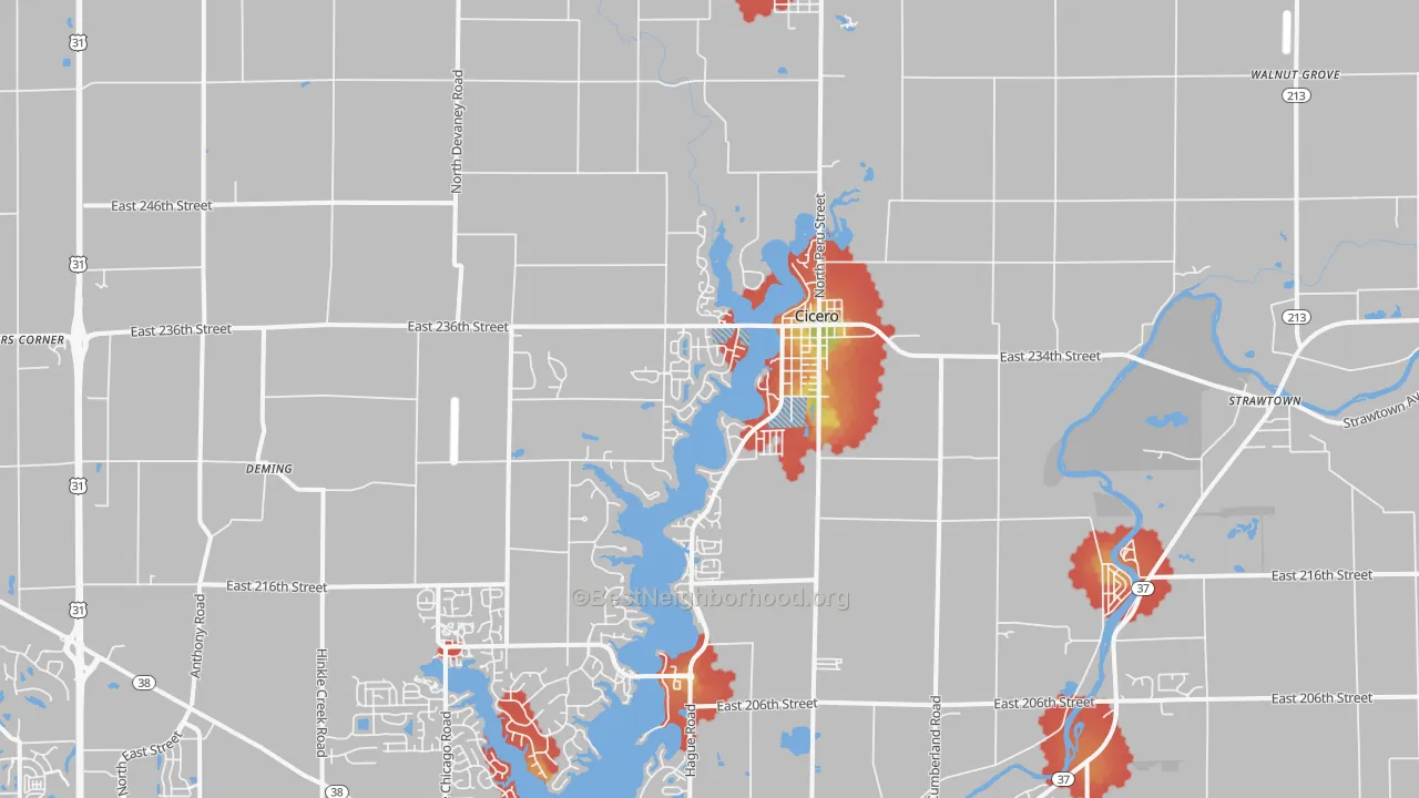 Walk Grade map of Cicero, IN, walkable areas in green and car-dependent areas in red
