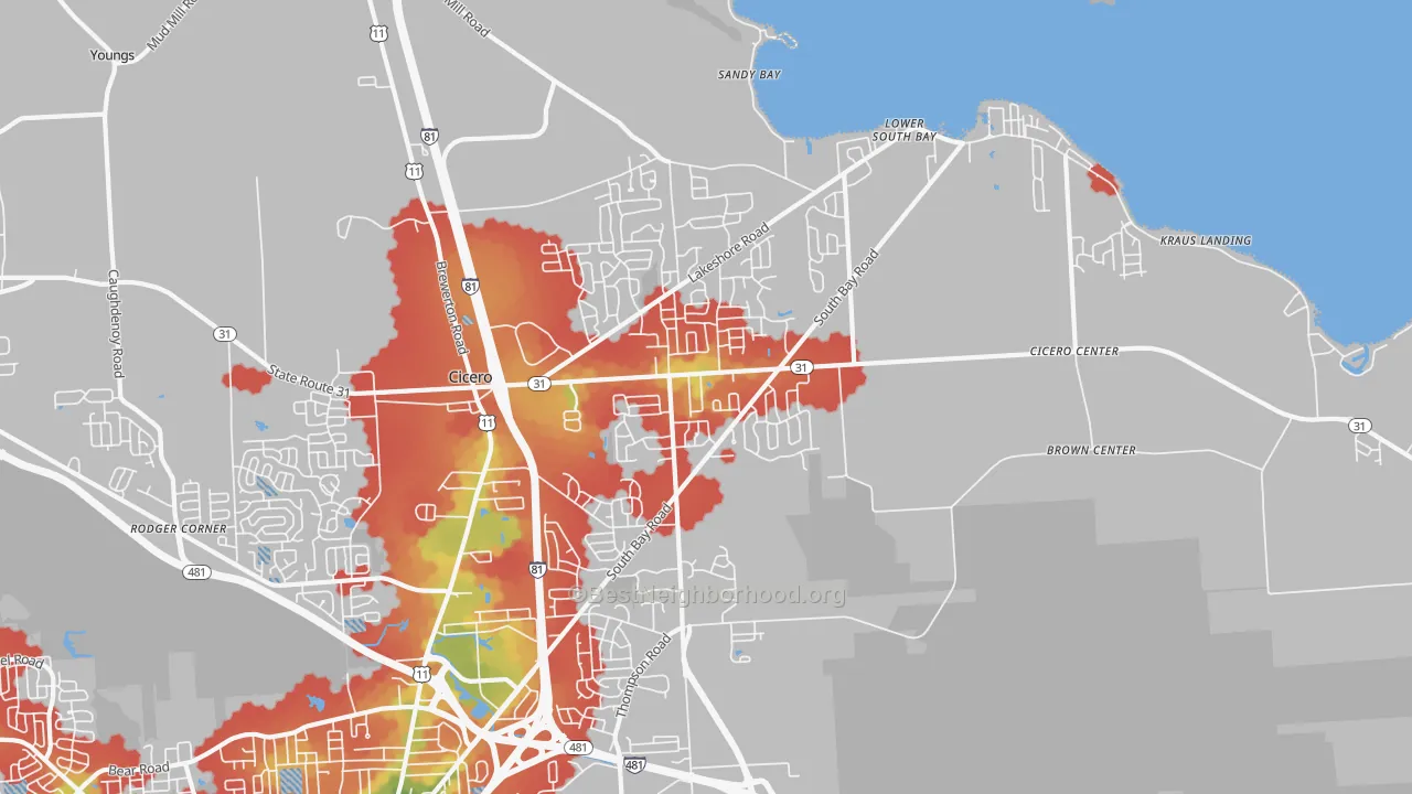 Walk Grade map of Cicero, NY, walkable areas in green and car-dependent areas in red