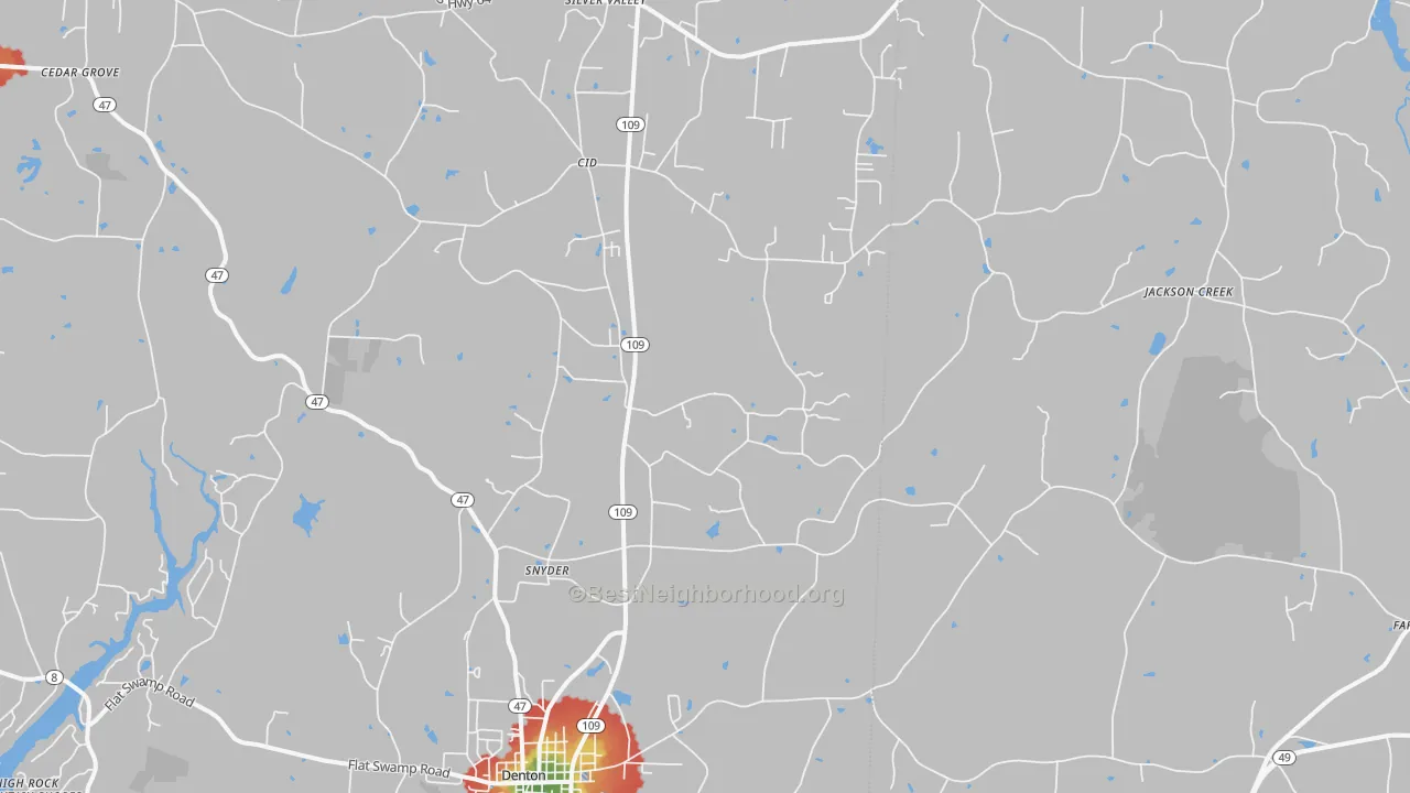 Walk Grade map of Cid, NC, walkable areas in green and car-dependent areas in red