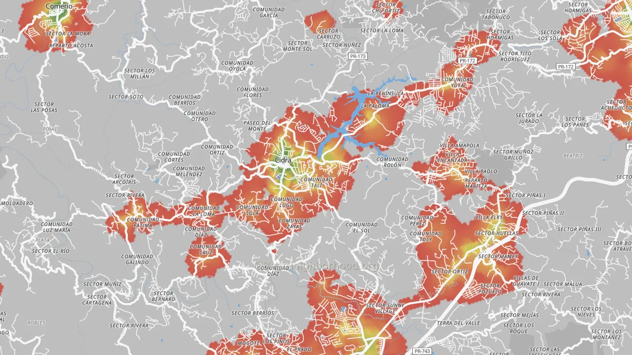 Walk Grade map of Cidra Municipio, PR, walkable areas in green and car-dependent areas in red