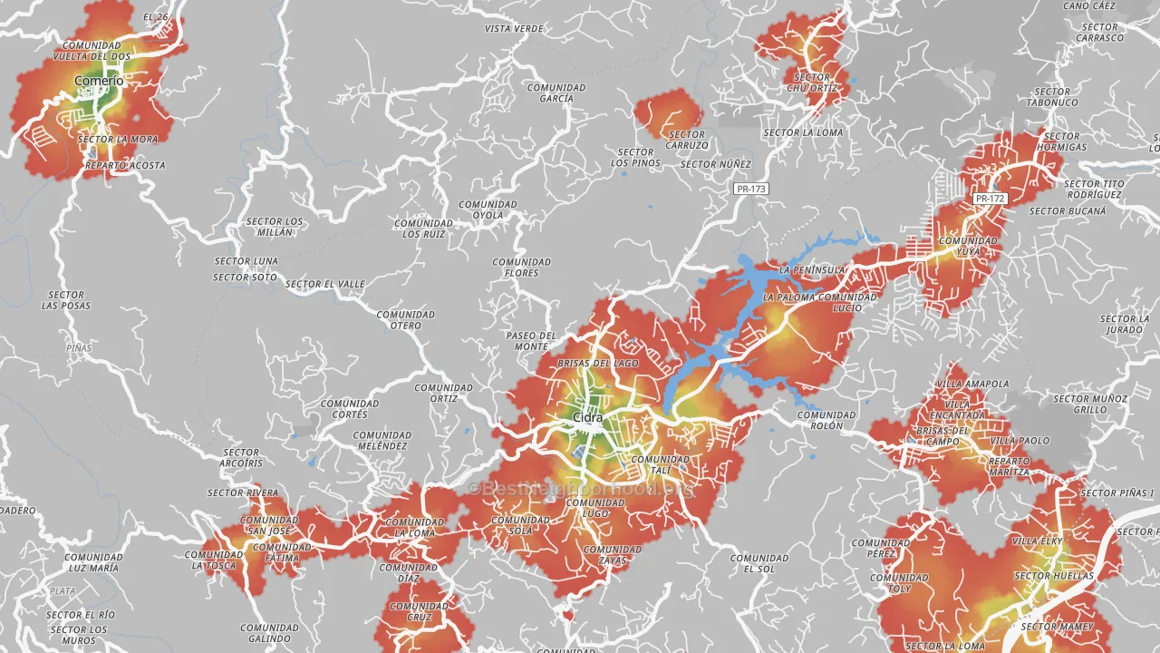 Walk Grade map of Cidra, PR, walkable areas in green and car-dependent areas in red