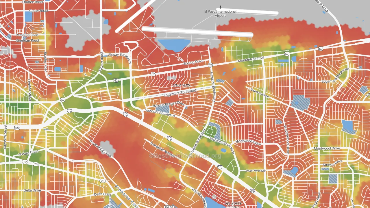 Walk Grade map of Cielo Vista South, El Paso, TX, walkable areas in green and car-dependent areas in red