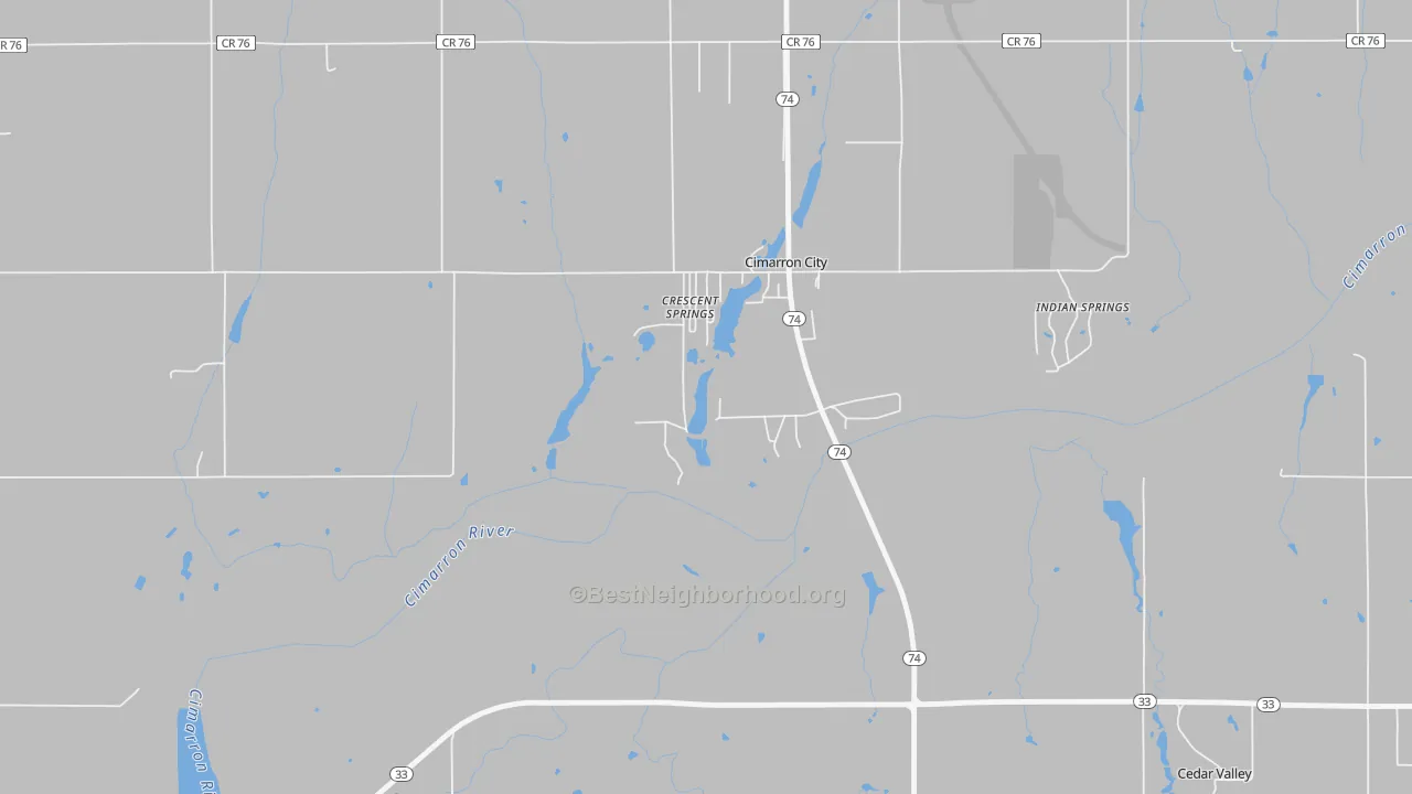 Walk Grade map of Cimarron City, OK, walkable areas in green and car-dependent areas in red