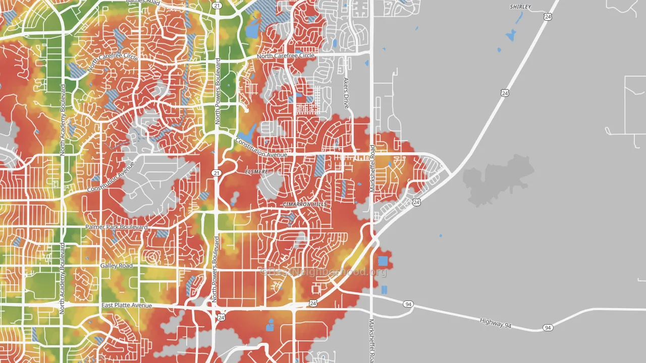 Walk Grade map of Cimarron Hills, CO, walkable areas in green and car-dependent areas in red