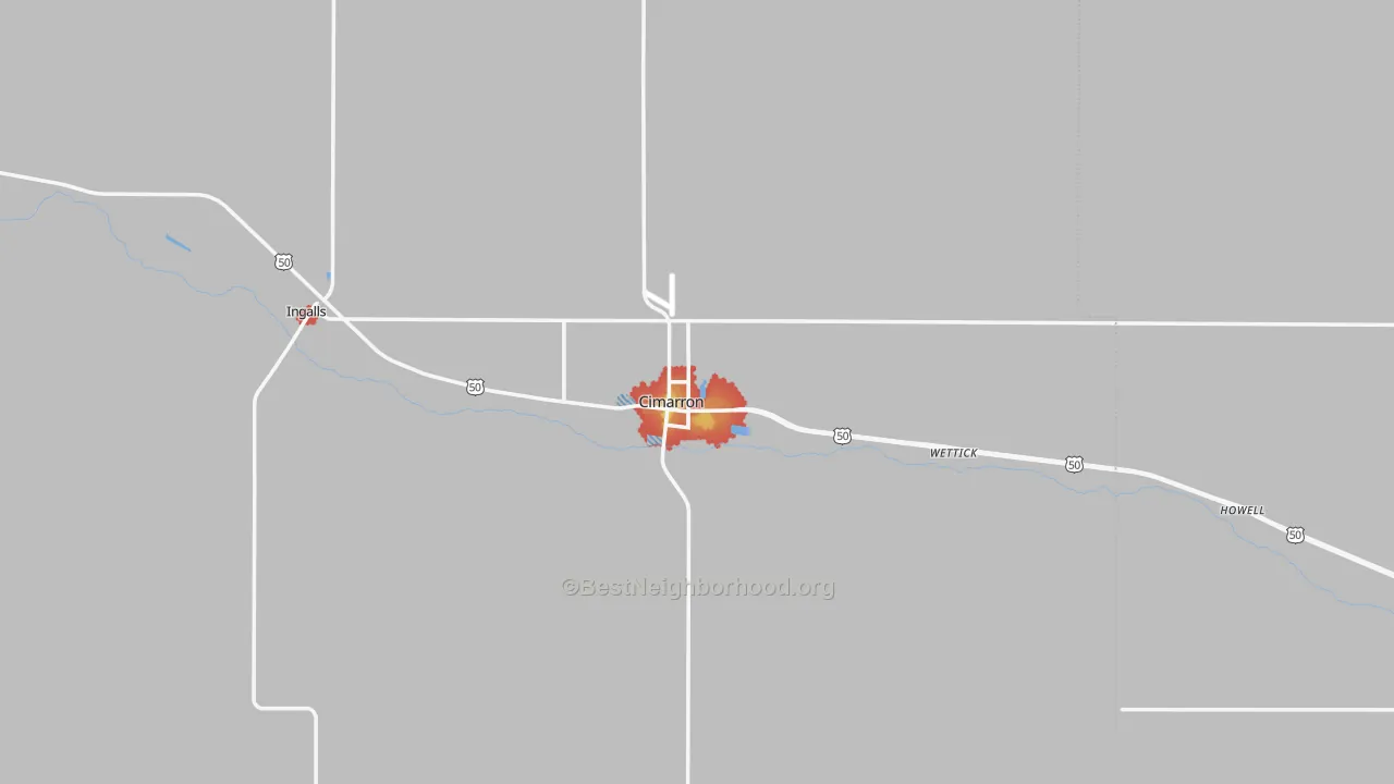 Walk Grade map of Cimarron, KS, walkable areas in green and car-dependent areas in red