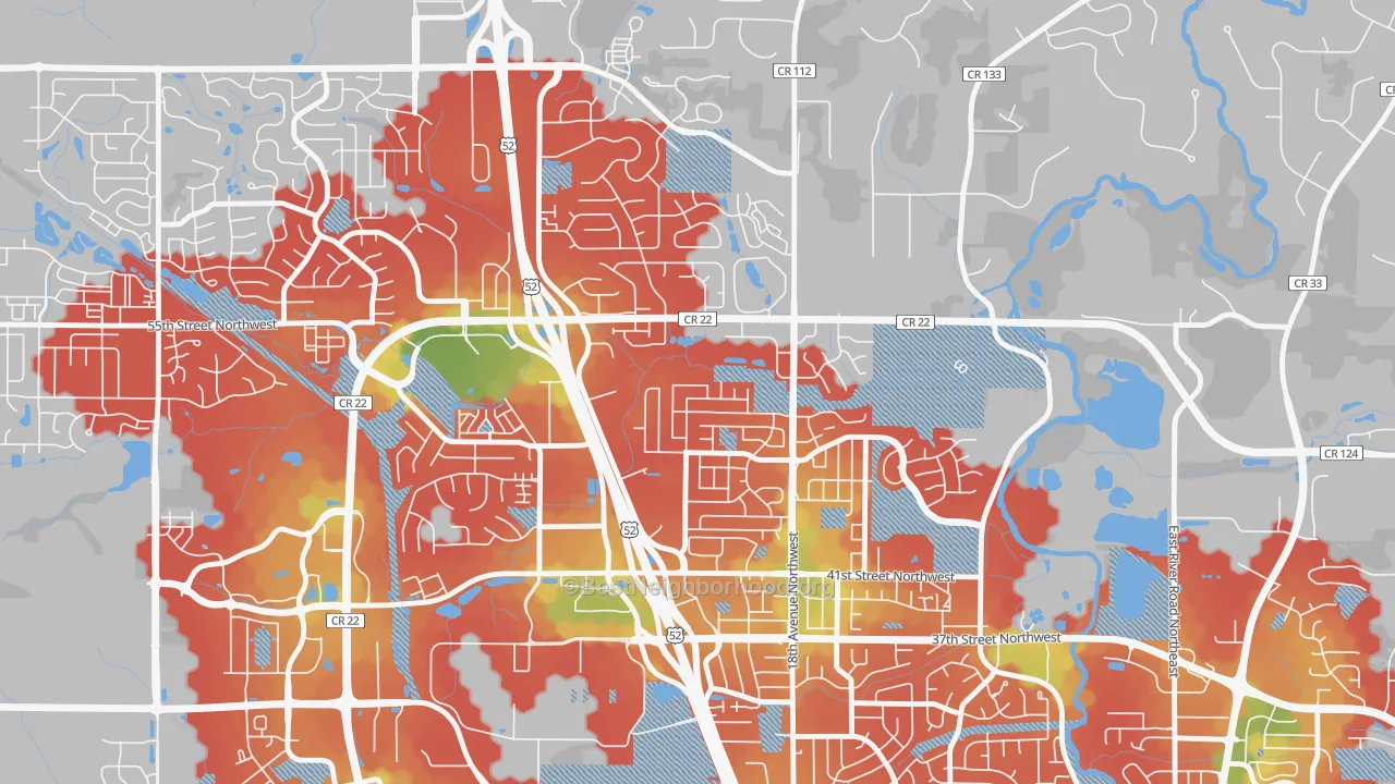 Walk Grade map of Cimarron, Rochester, MN, walkable areas in green and car-dependent areas in red