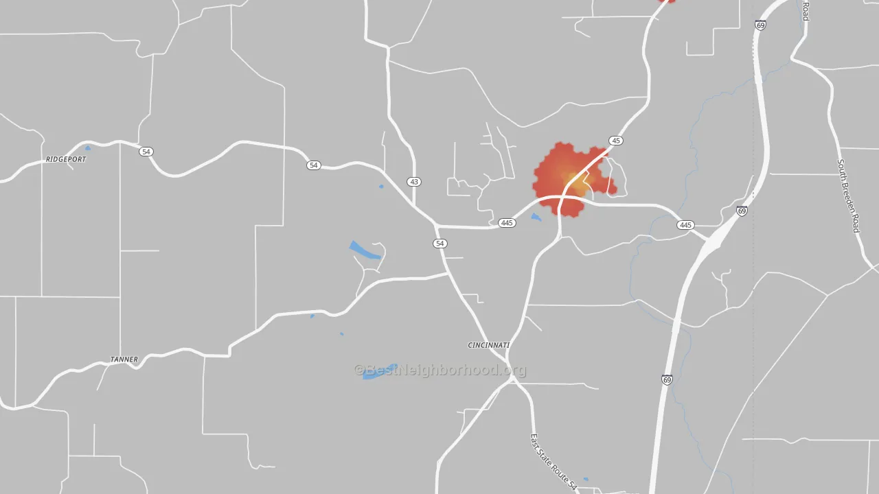 Walk Grade map of Cincinnati, IN, walkable areas in green and car-dependent areas in red