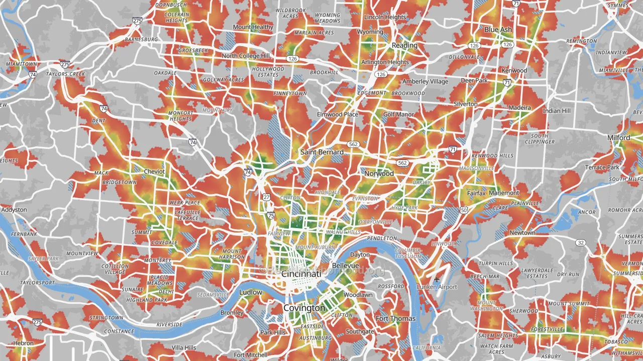 Walk Grade map of Cincinnati, OH, walkable areas in green and car-dependent areas in red