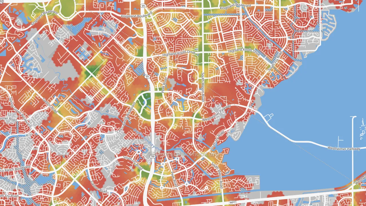 Walk Grade map of Cinco Ranch, TX, walkable areas in green and car-dependent areas in red