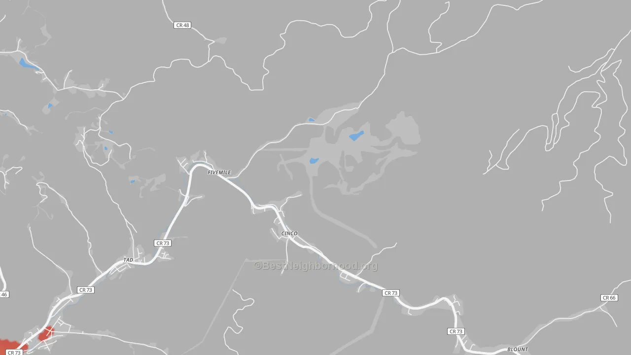 Walk Grade map of Cinco, WV, walkable areas in green and car-dependent areas in red