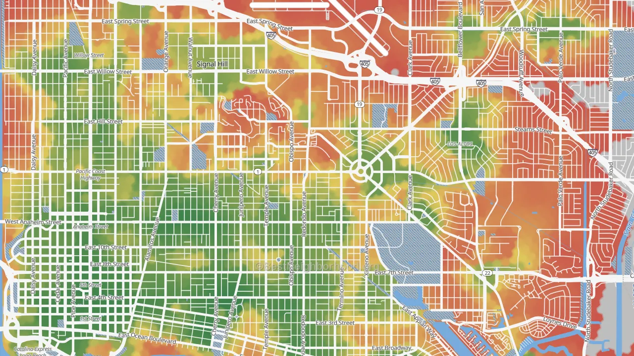 Walk Grade map of Circle Area, Long Beach, CA, walkable areas in green and car-dependent areas in red