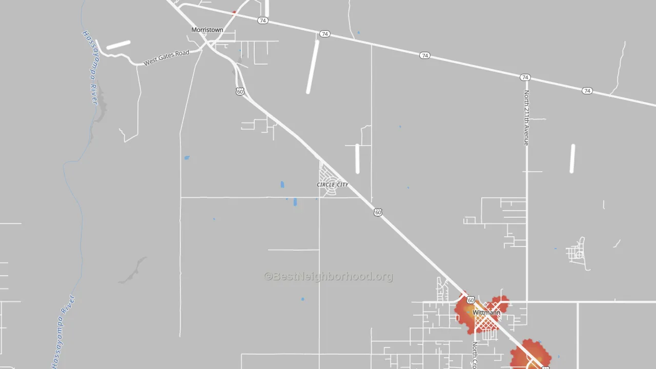 Walk Grade map of Circle City, AZ, walkable areas in green and car-dependent areas in red