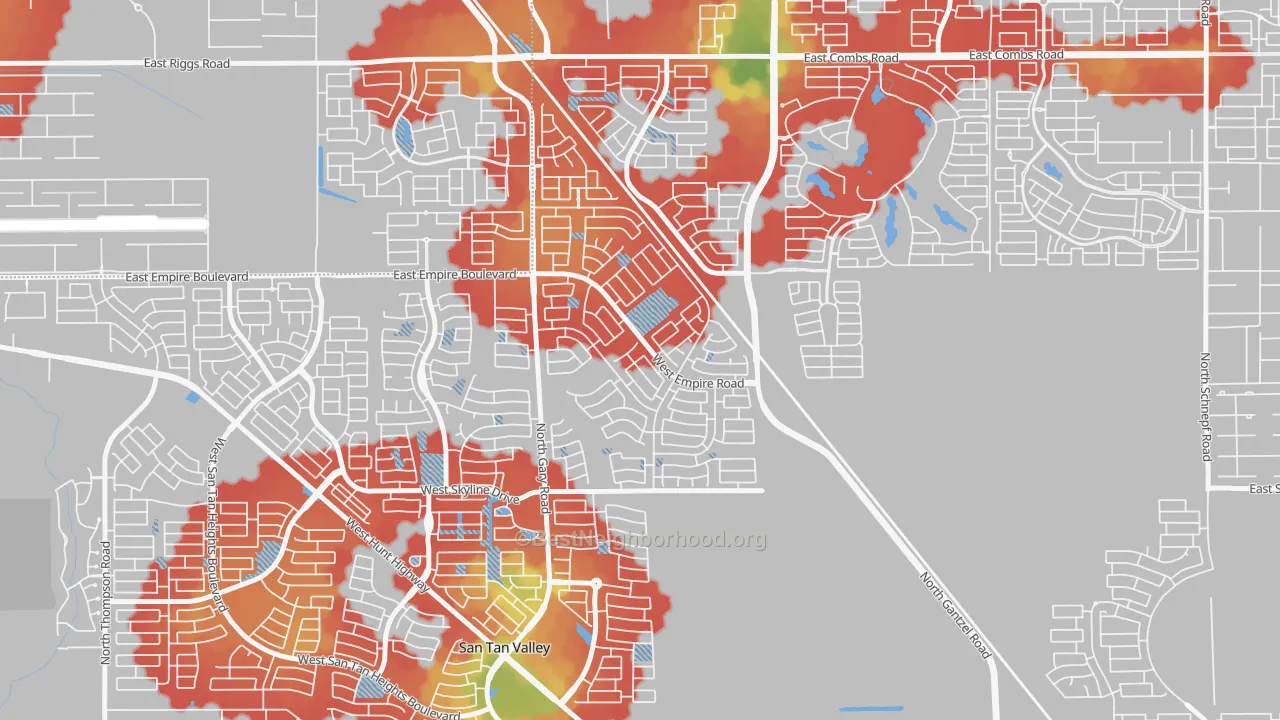Walk Grade map of Circle Cross Ranch, San Tan Valley, AZ, walkable areas in green and car-dependent areas in red
