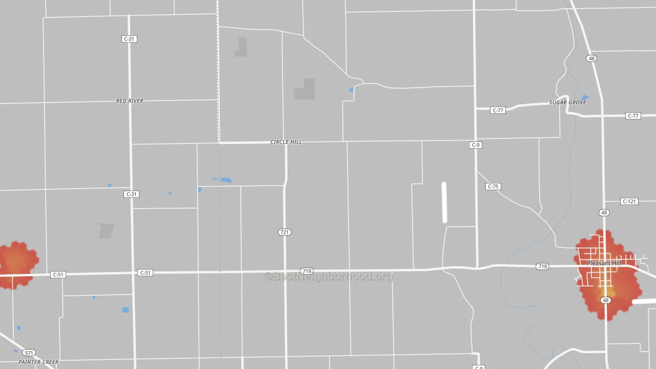 Walk Grade map of Circle Hill, OH, walkable areas in green and car-dependent areas in red