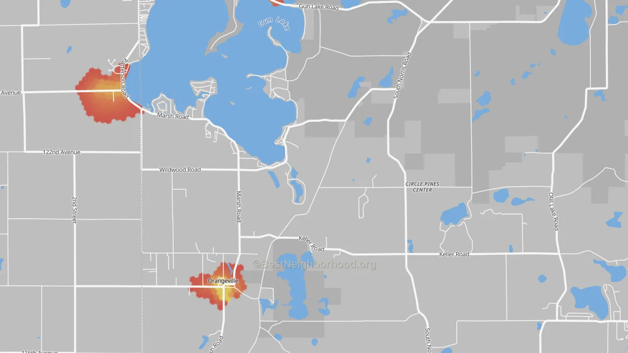 Walk Grade map of Circle Pine Center, MI, walkable areas in green and car-dependent areas in red