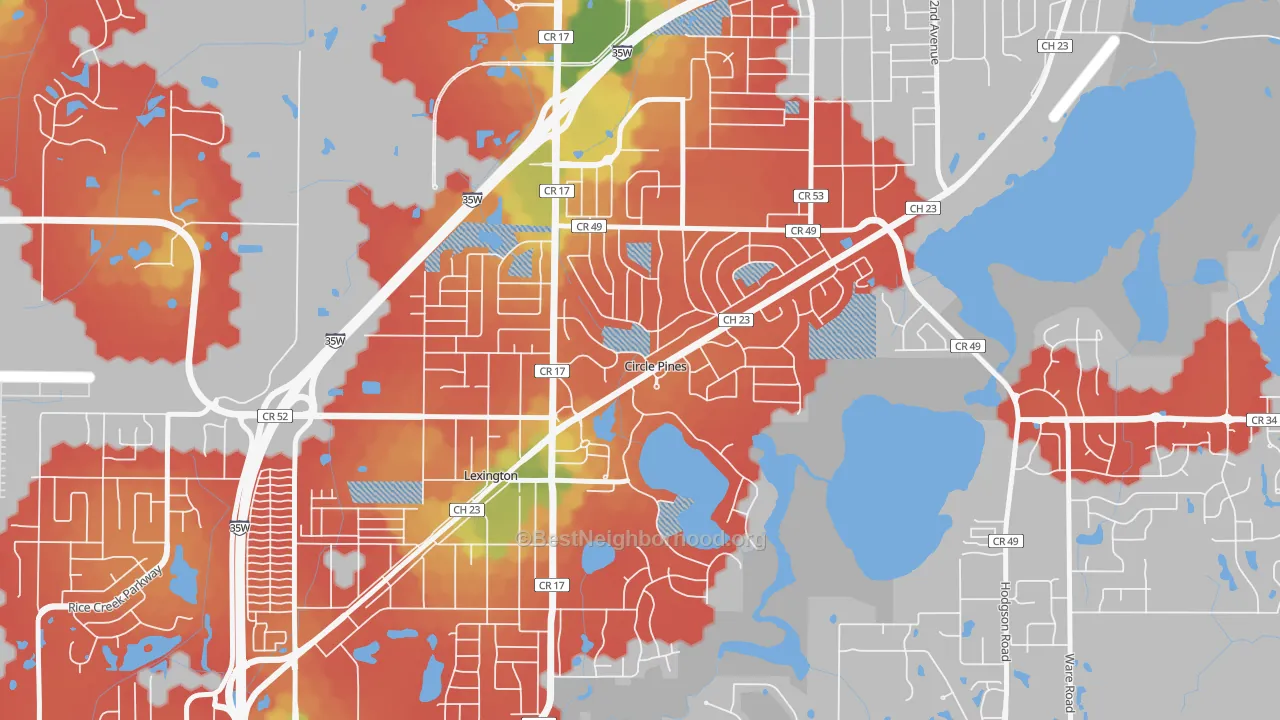 Walk Grade map of Circle Pines, MN, walkable areas in green and car-dependent areas in red