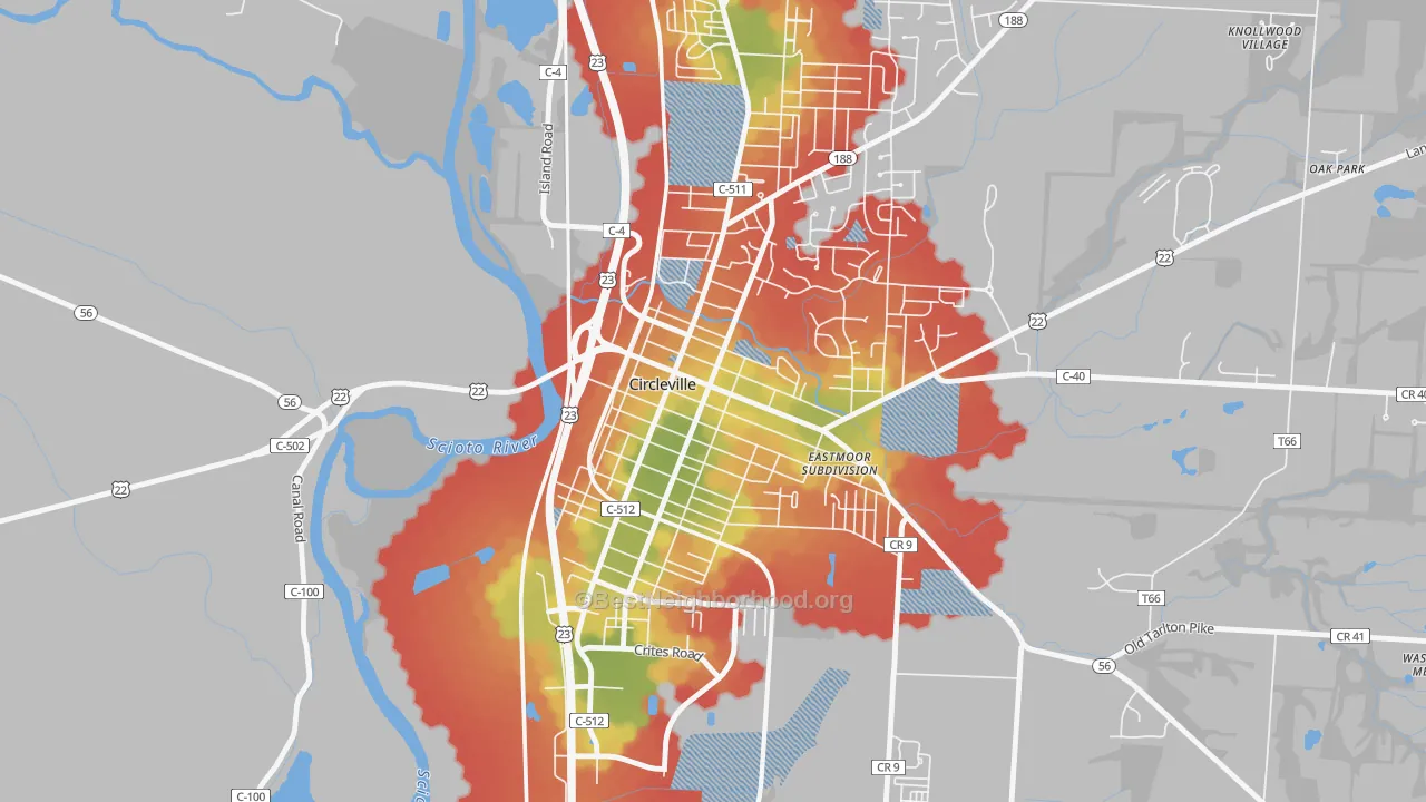 Walk Grade map of Circleville Historic District, Circleville, OH, walkable areas in green and car-dependent areas in red